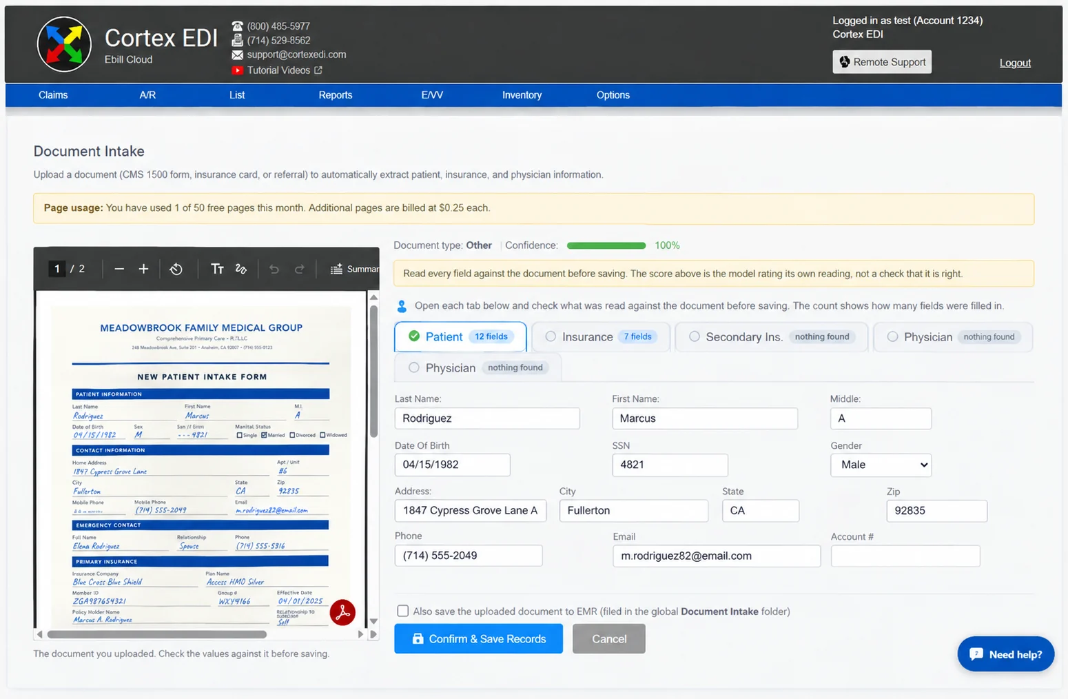 AI Document Intake — a scanned patient intake form on the left, with the patient's name, address, and insurance filled in automatically on the right