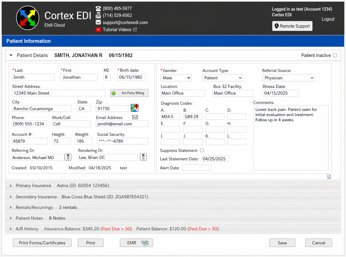 Patient profile screen in Electronic Biller
